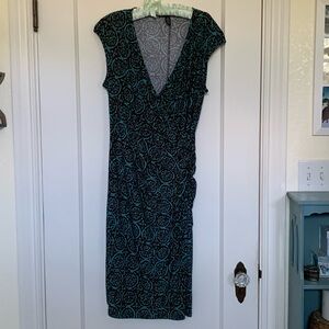 Ralph Lauren sleeveless black and teal summer dress.  Gathers on one side.